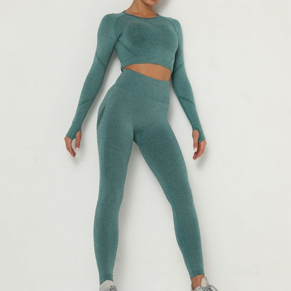 WEIee Legging Sets for Women 2 Piece Womens Workout Set Crewneck Long Sleeve Shirts Sets Elastic High Waist Leggings Suit Solid Fashion Slim Tracksuit Climb Athletic Sportswear Green L
