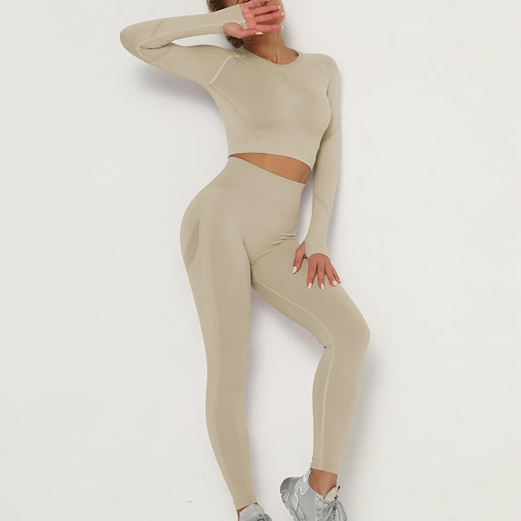 WEIee Legging Sets for Women 2 Piece Workout Sets for Women Crewneck Long Sleeve Shirts Sets Elastic High Waist Leggings Suit Solid Fashion Slim Tracksuit Gym Athletic Sportswear Khaki M