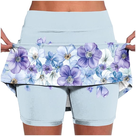 WEIee Skirts with Shorts Workout Biker Shorts for Women Workout High Waisted Belly Control Printed Stretchy Joggers Shorts Versatile Summer Loose Sportswear Blue XL