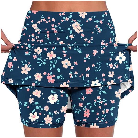 WEIee Skirts with Shorts Underneath High Waist Workout Shorts Belly Control Printed Stretchy Joggers Shorts Fashion Summer Loose Sportswear Blue S