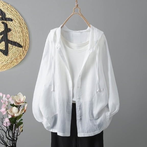 WEIee Sun Jacket Women UV Protection Sun Jacket Hoodie Long Sleeve Button Outdoor Coat with Drawstring Summer Solid Color Lightweight Outwear Loose Weekend Ladies Tops White