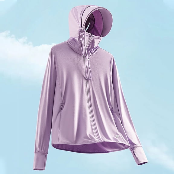 WEIee Sun Protection Jacket Women Sun Jacket Hoodie Long Sleeve Full Zipper Outdoor Coat with Pocket Summer Solid Color Lightweight Outwear Loose Climbing Ladies Tops Purple M
