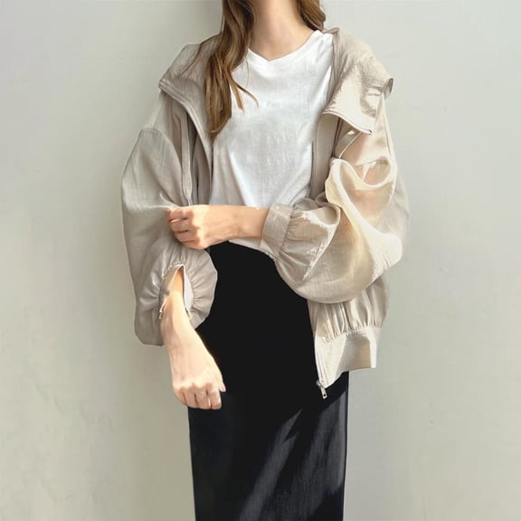 WEIee Sun Protection Jacket Women Sun Jacket Hoodie Long Sleeve Zipper Outdoor Coat Summer Solid Color Fashion Outwear Loose Vacation Lady Tops Khaki Free Size