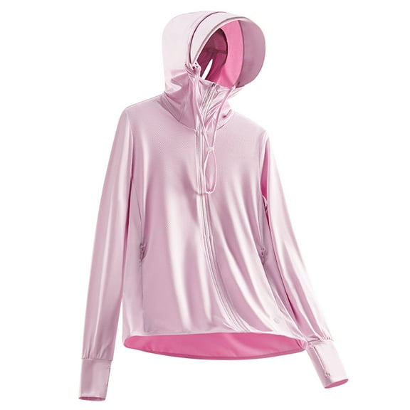 WEIee Sunscreen Clothing Women Sun Jacket Hoodie Long Sleeve Full Zipper Outdoor Coat with Pocket Summer Solid Color Lightweight Outwear Loose Work Ladies Tops Pink XXL