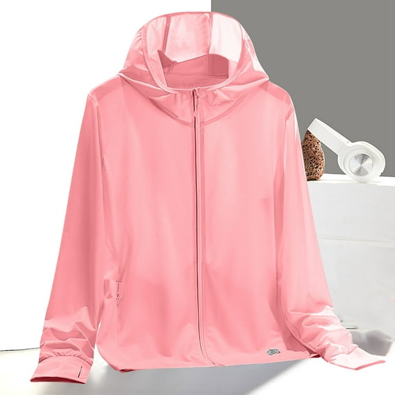 WEIee Sunscreen Clothing Women Sun Jacket Hoodie Long Sleeve Zipper Waterproof Coat with Pocket Summer Solid Color Lightweight Outwear Loose Climbing Lady Tops Pink