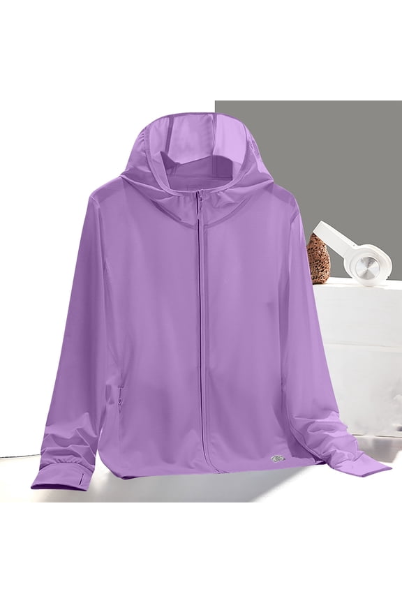 Sunscreen Clothing for Women Sun Jacket Hoodie Long Sleeve Zipper Waterproof Coat with Pocket Summer Solid Color Lightweight Outwear Loose Work Ladies Tops Purple