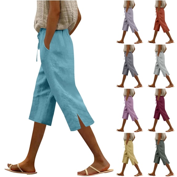 WEIee Woman Capri Pants Casual Summer Pocket Cropped Pants with Drawstring Solid Color Straight Leg Versatile Trousers Loose Fit Weekend Lady Pants Army Green L