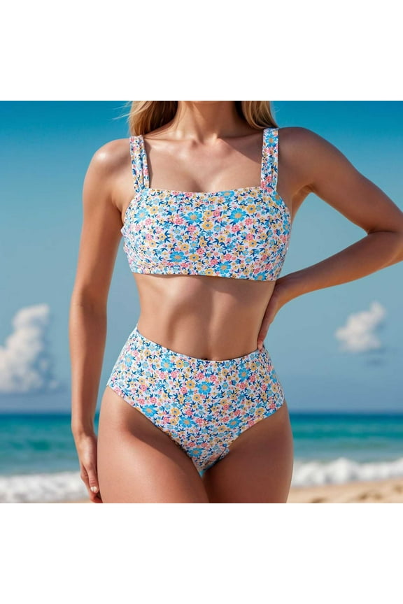 Women Bikini Swimsuit 2 Piece Women's Swim Suits Sleeveless Backless Lace up Halter Split Bathing Suits Summer Solid Color Fashionable Ladies Birthday Party Swimwear Blue S