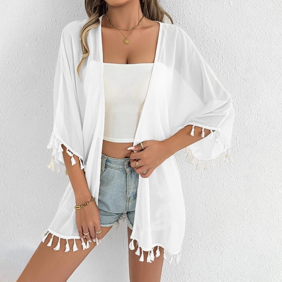 WEIee Womens Beach Coverups Women's Bathing Suit Cover up Collared Long Sleeve Clear Netting Top Summer Solid Color Breathable Shirt Loose Fit Weekend Party Blouses White L