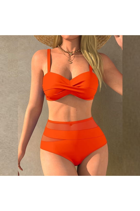 Womens Bikini Set 2 Piece Womens Bathing Suits Push up Ruched Front Halter Sleeveless High Waisted Split Bathing Suits Summer Solid Color Comfortable Ladies Running Swimwear Orange M