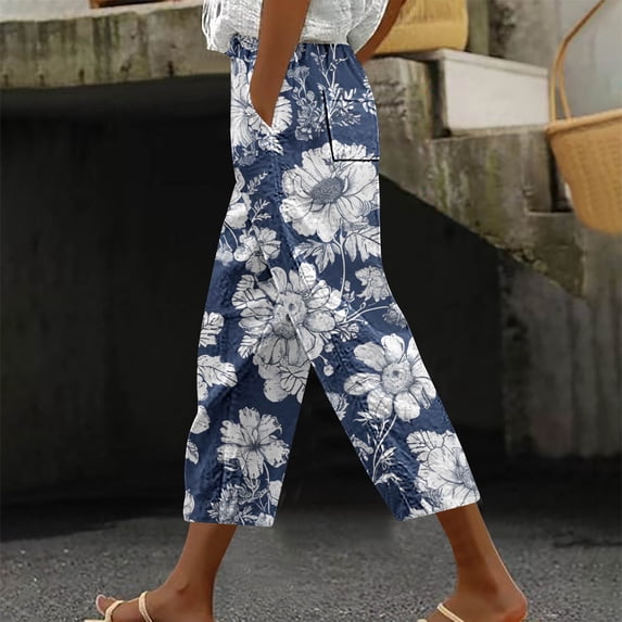 WEIee Womens Capri Casual Summer Pocket Cropped Pants with Drawstring Printed Straight Leg Lightweight Trousers Loose Fit Weekend Lady Pants Multicolor L
