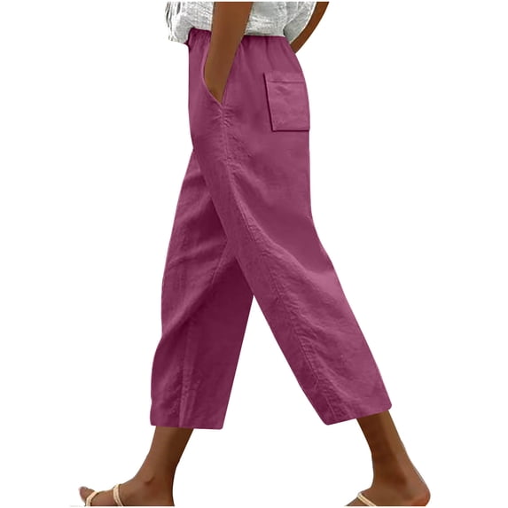 WEIee Womens Capris Casual Summer Pocket Cropped Pants with Drawstring Solid Color Straight Leg Versatile Trousers Loose Fit Beach Lady Pants Hot Pink M