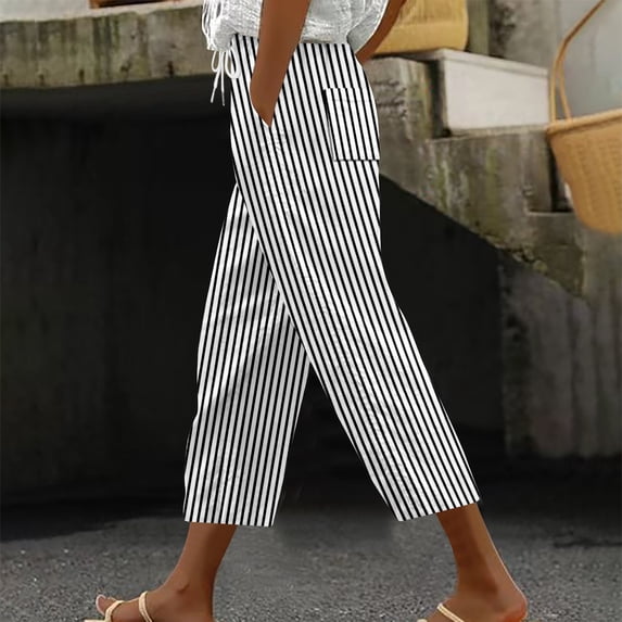 WEIee Womens Capris Casual Summer Pocket Cropped Pants with Drawstring Stripe Straight Leg Versatile Trousers Loose Fit Going out Lady Pants Multicolor L