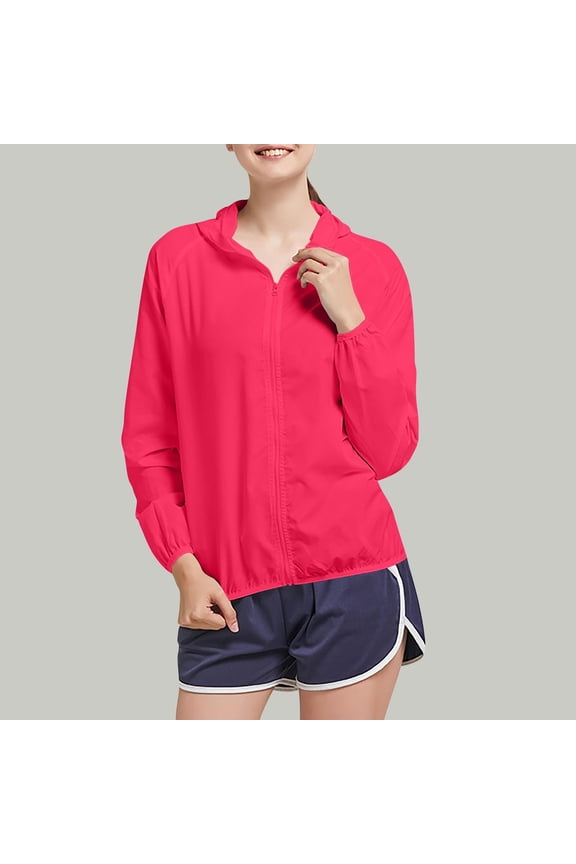 Womens Sun Protection Clothing Sun Jacket Hoodie Long Sleeve Full Zipper Outdoor Coat Summer Solid Color Lightweight Outwear Loose Beach Travel Lady Tops Hot Pink