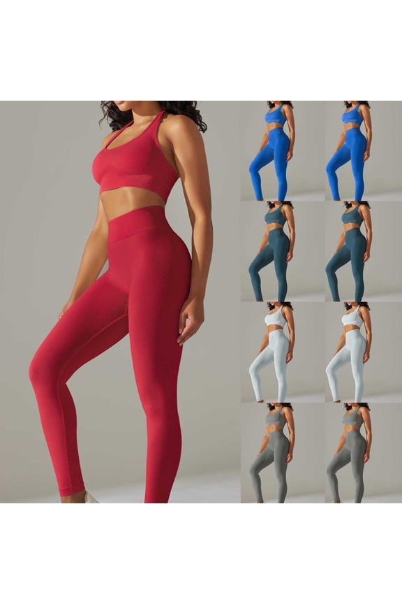 Yoga Two Piece Set for Women Workout Outfits Sleeveless Shirts Sets Stretchy High Waist Leggings Suit Solid Fashion Slim Tracksuit Gym Athletic Sportswear Blue L