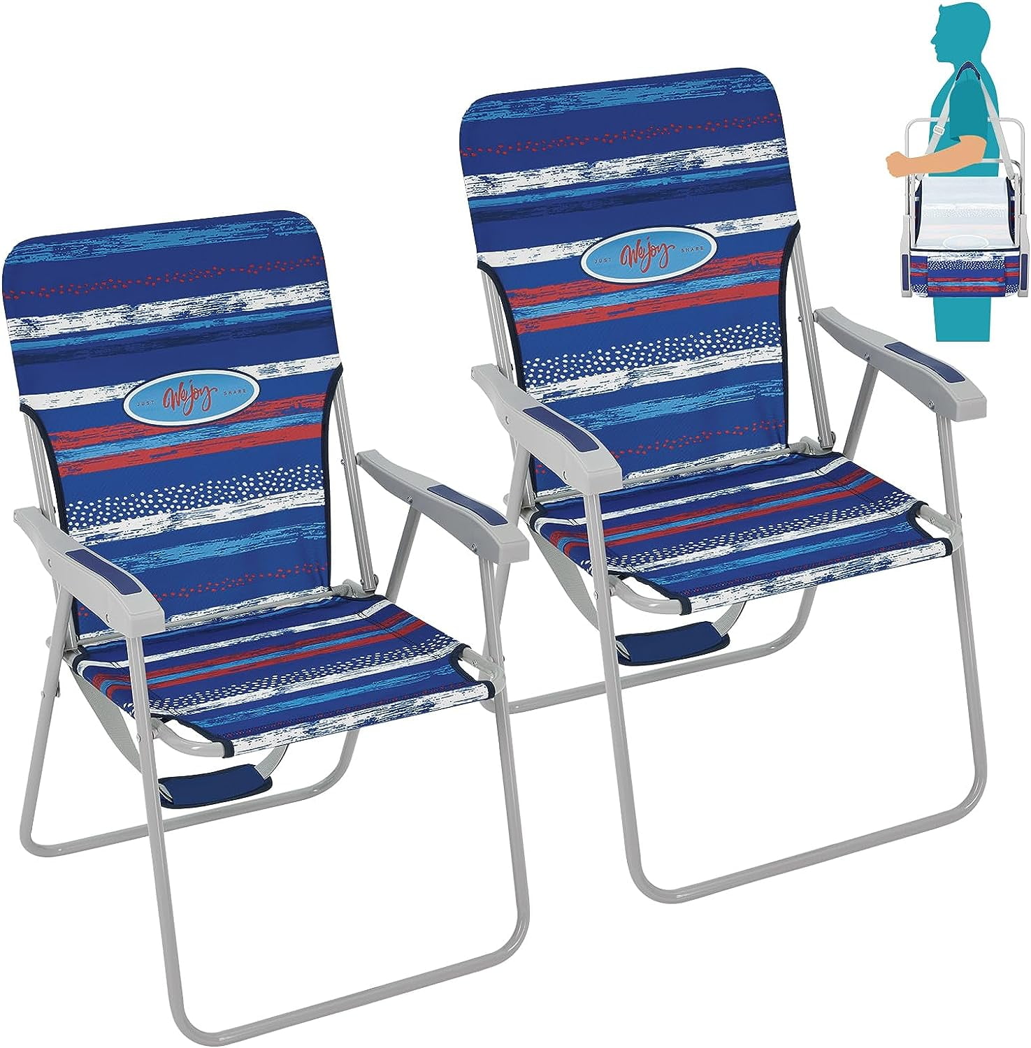 WEJOY 2-Pack High Back Camping Lawn Chairs Folding Beach Chairs with Shoulder Strap for Adullt，Red/Blue,2pack