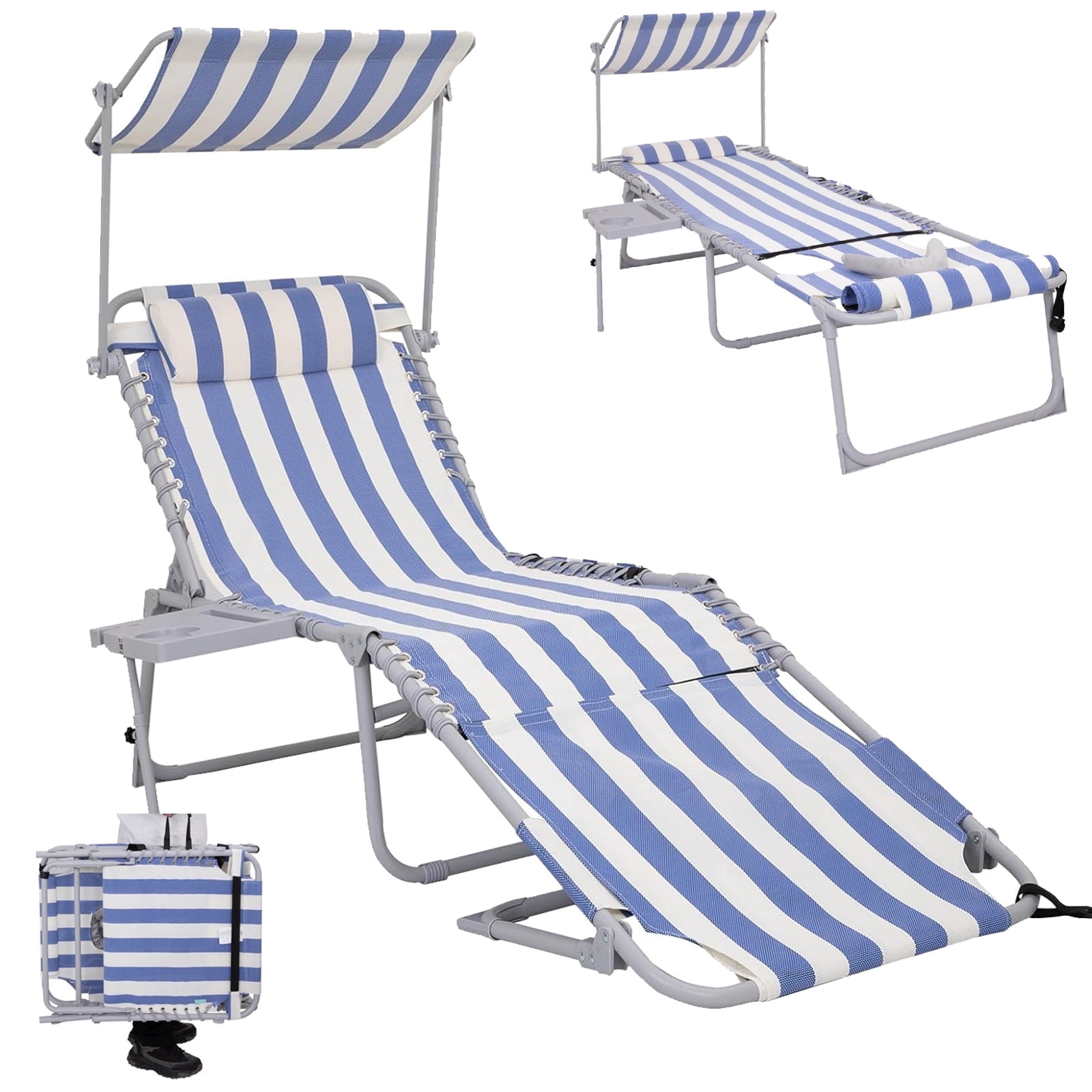 #WEJOY Portable Beach Chaise, Lounge Chair, 5-Position Adjustable Reclining Chaise, Folding Chaise with Face Hole, Sunshade, 3-in-1 Pocket and Side Table, Weight up to 264 lbs