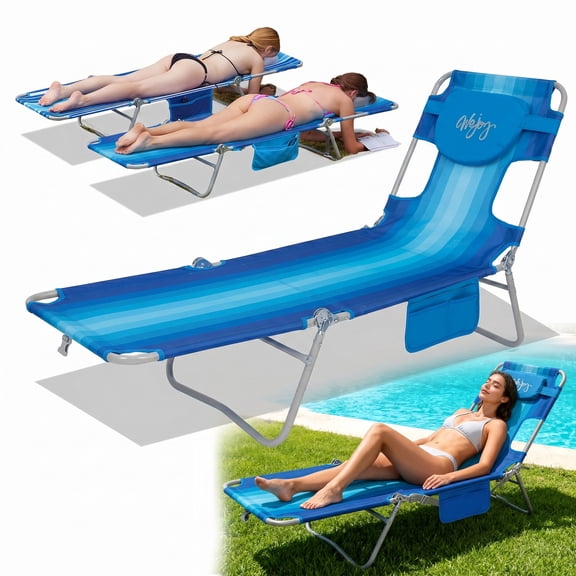 WEJOY Beach Chaise Lounge Chair, Folding Reclining Chair with Face & Arm Hole, Tanning Chaise 5-Position Adjustable Camping Recliner Chair