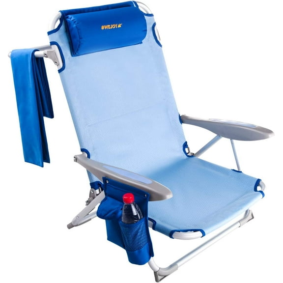 #WEJOY Folding Beach Chair for Adults, 4-Position Lightweight Beach Chair, Low Beach Chairs with Shoulder Strap, Cup Holder and Headrest, Supports 265lbs for Beach Lawn (Blue)