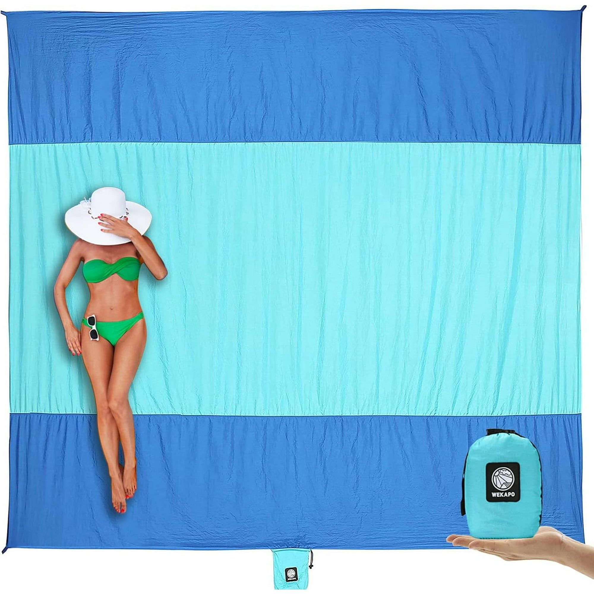 WEKAPO Beach Blanket Sandproof Waterproof, Extra Large Beach Mat, Oversized & Compact Sand Free Mat Quick Drying, Lightweight & Durable with 6 Stakes & 4 Corner Pockets