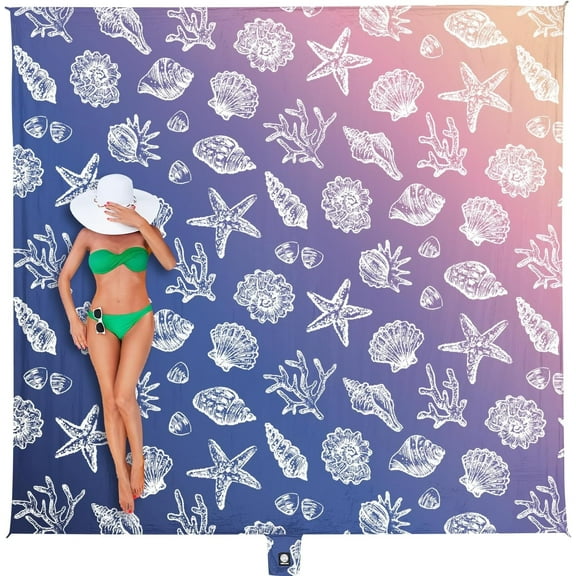 WEKAPO Beach Blanket Waterproof Sandproof & Sand-Free Beach Mat with Stakes & Built-in Storage Bag – Oversized, Extra Large, Perfect for Outdoor (Deep Blue Sea Shells, 11 X 9 FT (1~10 Person))