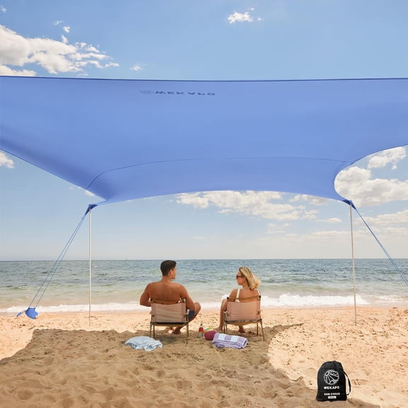 WEKAPO Beach Tent Sun Shelter - Easy Setup Beach Canopy with 4 Sturdy Poles, Large Sandbags and Shovel, 7'8'' Tall, Windproof Beach Sun Shade for Backyard and Camping, UPF 50+ Protection