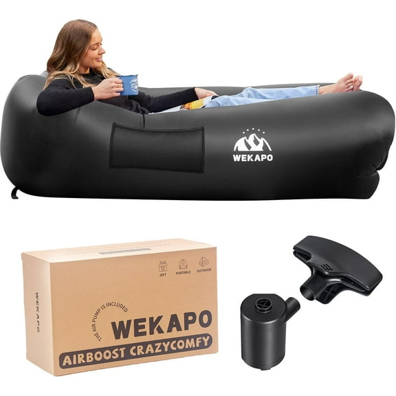 WEKAPO Inflatable Couch with Pump - Easiest Setup, Crazy Comfy & Ultralight - Blow up Lounger Chair Perfect for Hiking, Camping, Beach, Festivals - Lightweight Air Sofa for Relaxing Anywhere (Black)