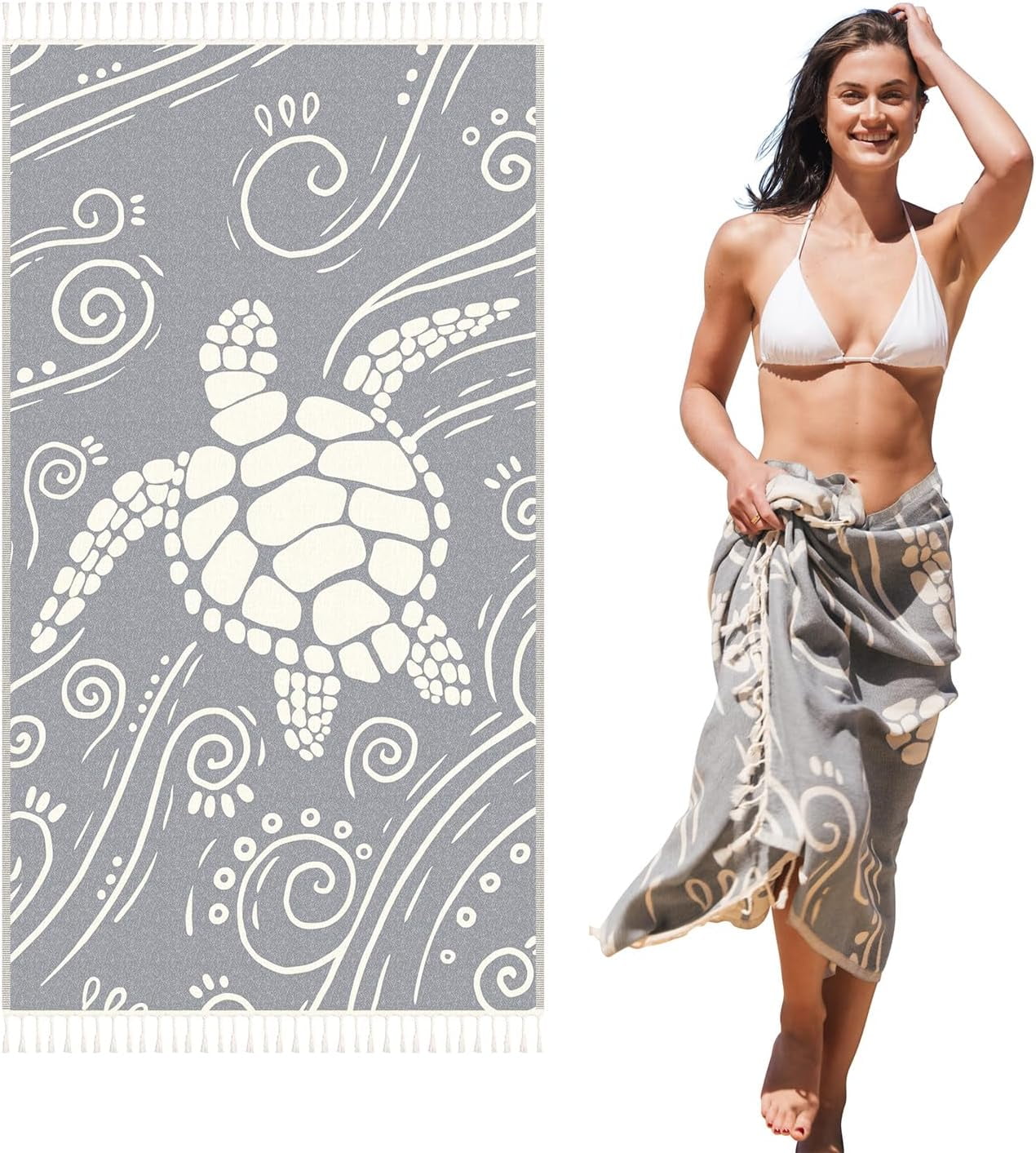 WEKAPO Turkish Beach Towel 39"x71" Oversized, 100% Cotton, Ultra Absorbent & Sand Resistant, Extra Large Beach Towel, Perfect for Beach, Bathroom, Pool, Travel (Grey Sea Turtle)