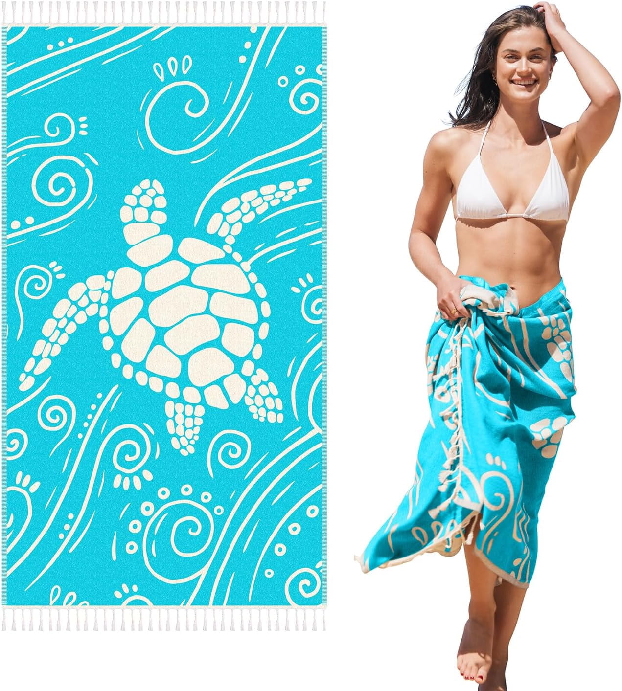 WEKAPO Turkish Beach Towel 39"x71" Oversized, 100% Cotton, Ultra Absorbent & Sand Resistant, Extra Large Beach Towel, Perfect for Beach, Bathroom, Pool, Travel (Turquoise Sea Turtle)