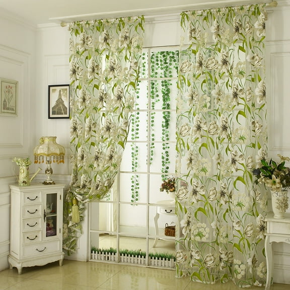 WEKDKAI Livingroom Decorative Window Curtains,39.3*78.7in Home Flower Print Curtain,Cupboard Pole Pocket Valance,Fresh Plant Style Sunshade Sheer(White) Curtain Set Clearance