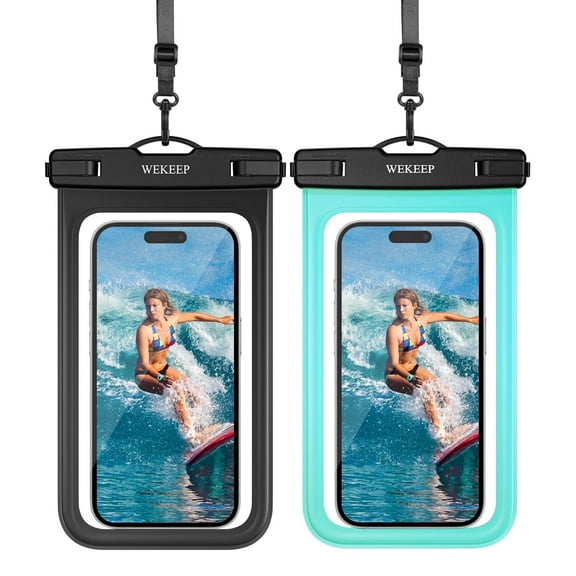WEKEEP Waterproof Phone Pouch 2 Pack, IPX8 Cellphone Dry Bag Beach Essentials for Cruise Travel (Black/Teal)