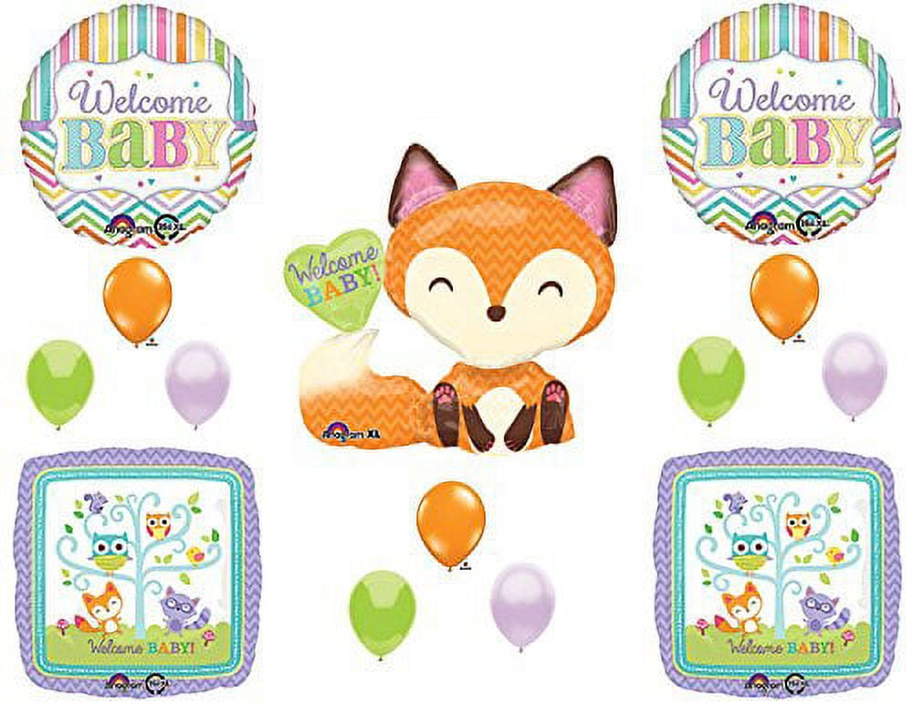 WELCOME BABY Woodland Creatures Baby Shower Balloons - 9 Piece Decoration Set
