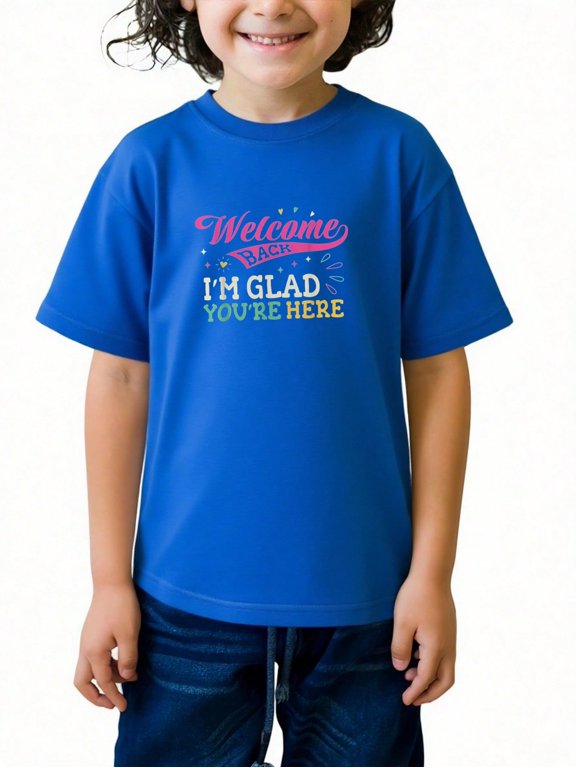WELCOME BACK I'M GLAD YOU'RE HERE Letter Print Summer Graphic T-shirts for Outdoor Sports and Daily Wearing, Young Boys T-Shirts, Size from 3-13Y