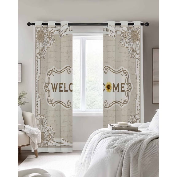 WELCOME Blackout Curtains 2 Panels Sunflower Bee Summer Vintage Borders Thermal Insulated Grommet Window Curtains for Bedroom Living Room 52"x96"