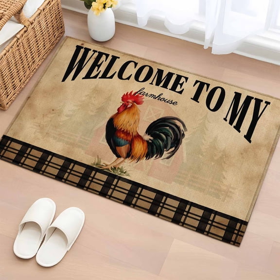 WELCOME TO MY FARMHOUSE 2'x3' Rug for Entryway Front Door Kitchen Sink Area, Country Rooster Brown Stripe Red Barn Retro Low Pile Non Slip Rectangle Area Rug, Machine Washable Indoor Outdoor Mat