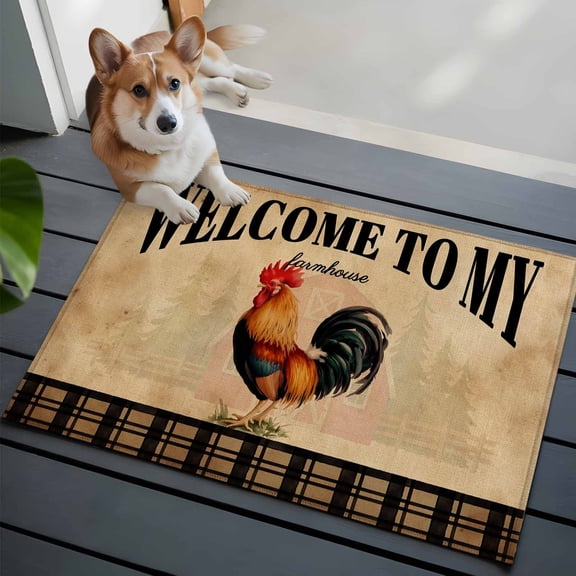 WELCOME TO MY FARMHOUSE 2x3 Area Rugs for Living Room, Country Rooster Brown Stripe Red Barn Retro Non Slip Floor Mat Washable Low-Profile Indoor Carpet for Bedroom, Dining Room, Bathroom