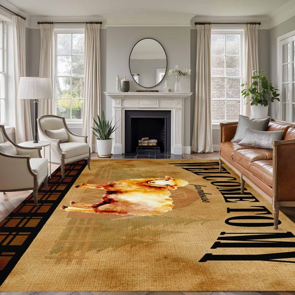 WELCOME TO MY FARMHOUSE 8'x10' Large Area Rug for Living Room Sectional Sofa, Country Sheep Brown Stripe Red Barn Retro Non Slip Low Pile Rectangle Area Rug, Machine Washable Indoor Outdoor Mat
