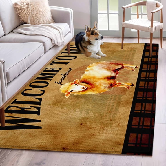 WELCOME TO MY FARMHOUSE Area Rugs 4x6 ft Country Sheep Brown Stripe Red Barn Retro Washable Rug Non Slip Indoor Carpet Absorbent Floor Mat for Living Room Bedroom Dining Room