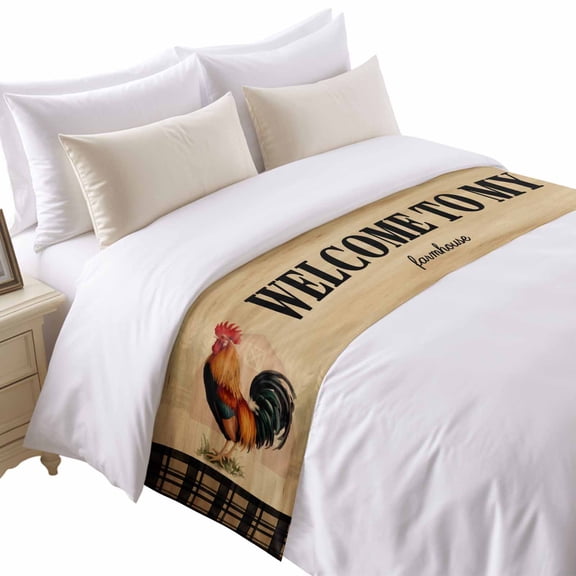 WELCOME TO MY FARMHOUSE Bed Runner for Twin Size Bed, Country Rooster Brown Stripe Red Barn Retro Soft Bedding Scarf Bedding Protector Slipcover Sofa Throw for Bedroom Hotel Guesthouse