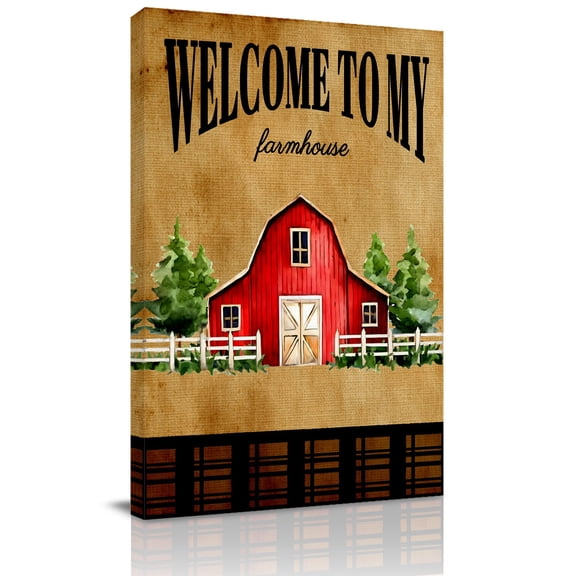 WELCOME TO MY FARMHOUSE Canvas Wall Art for Living Room, Country Brown Stripe Red Barn Retro Poster Print Painting for Bedroom Office Home Decoration Wall Pictures Prepare To Hang 16"x24"
