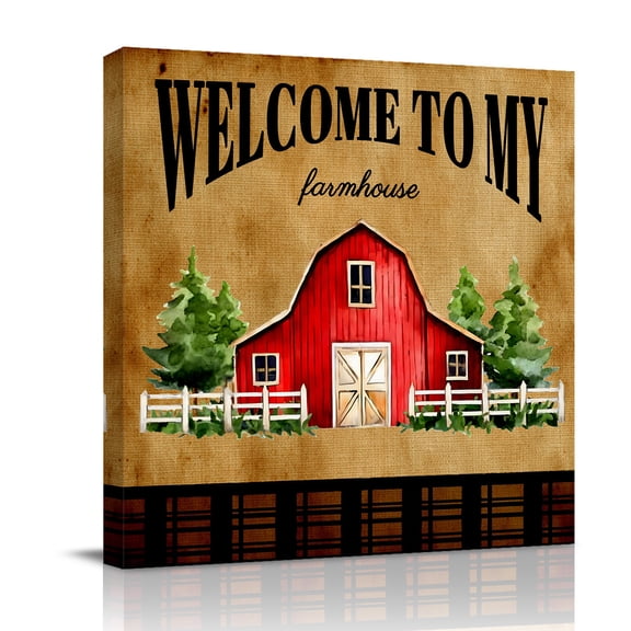 WELCOME TO MY FARMHOUSE Canvas Wall Art for Living Room, Country Brown Stripe Red Barn Retro Poster Print Painting for Bedroom Office Home Decoration Wall Pictures Prepare To Hang 8"x8"