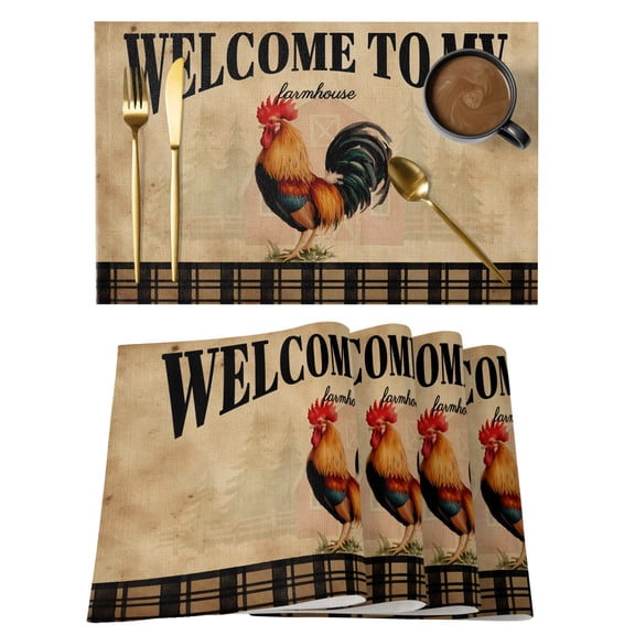 WELCOME TO MY FARMHOUSE Cotton Linen Placemats Set of 2, Country Rooster Brown Stripe Red Barn Retro Washable Table Place Mats Heat Insulating Placemat for Dining Room Kitchen Daily Use 13 x 19 Inch