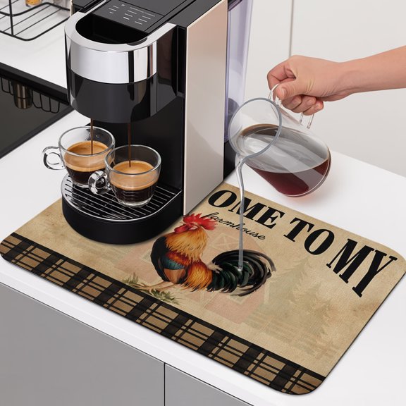 WELCOME TO MY FARMHOUSE Dish Drying Mats for Kitchen Counter, Country Rooster Brown Stripe Red Barn Retro Absorbent Coffee Bar Mat with Non-slip Rubber Backed Quick Drying Dish Rack Pad 12"x16"