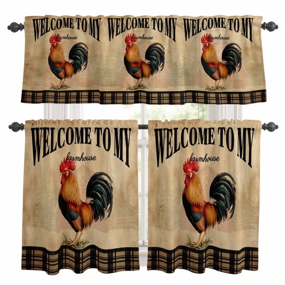 WELCOME TO MY FARMHOUSE Kitchen Curtains Valances and Tiers Set of 3 Country Rooster Brown Stripe Red Barn Retro Tier Curtains and Valance with Rod Pocket for Small Windows, 27.5"x24"