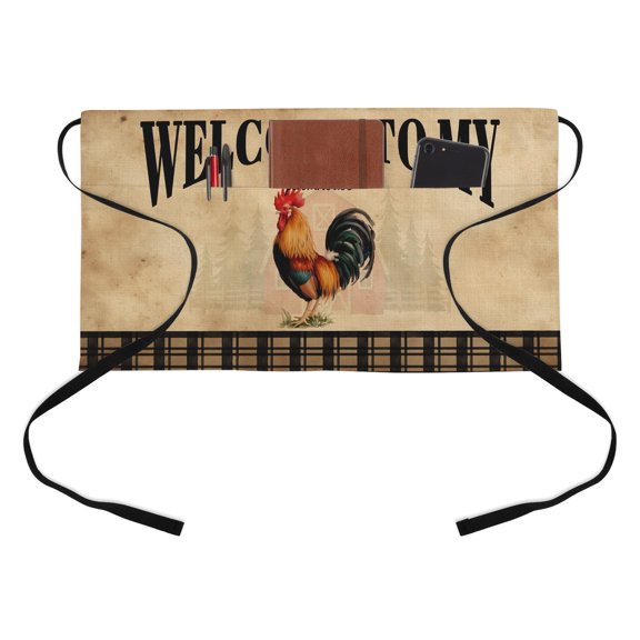 WELCOME TO MY FARMHOUSE Kitchen Restaurant Half Waist Apron, Country Rooster Brown Stripe Red Barn Retro Server Short Apron with 3 Pockets Waterproof Oil Waist Aprons for Women Waitress Waiter