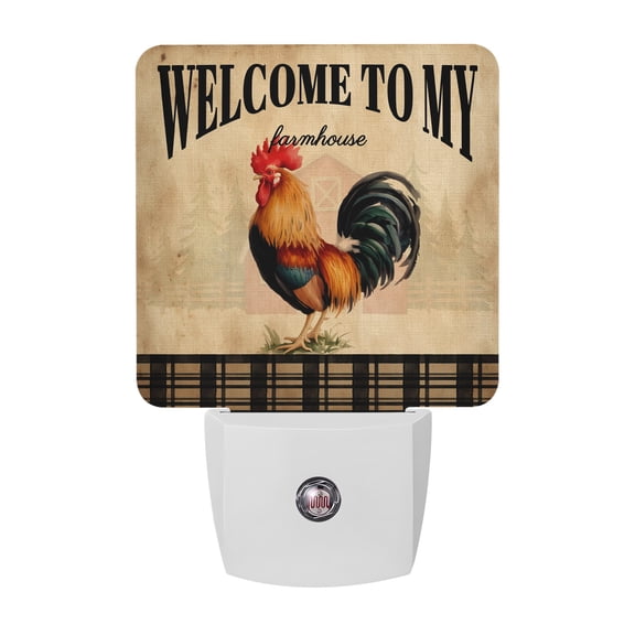 WELCOME TO MY FARMHOUSE Night Lights, Country Rooster Brown Stripe Red Barn Retro Smart Auto Dusk to Dawn Sensor Nightlights Plug-in Nightlight for Bedroom Bathroom Living Room Kitchen Hallway