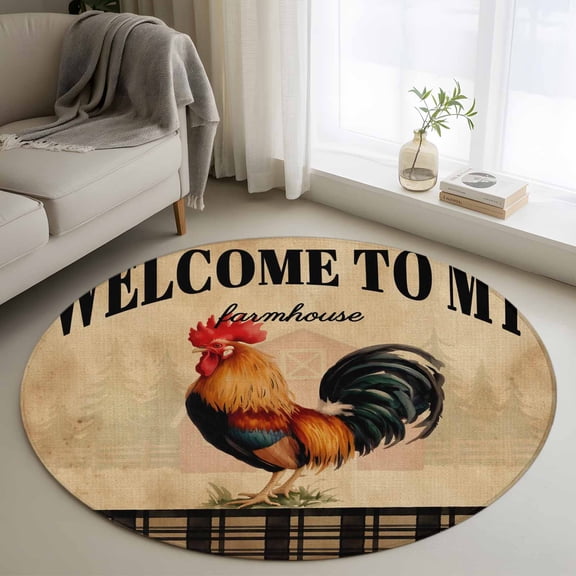 WELCOME TO MY FARMHOUSE Round Area Rugs 3 ft, Country Rooster Brown Stripe Red Barn Retro Washable Small Area Rug with Non-Slip Sturdy Edge Binding Round Front Door Mat Floor Carpet for Entryway