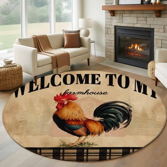 WELCOME TO MY FARMHOUSE Round Living Room Rugs 6 ft, Country Rooster Brown Stripe Red Barn Retro Washable Area Rug with Non-Slip Sturdy Edge Binding Round Carpet for Kitchen Office Bedroom