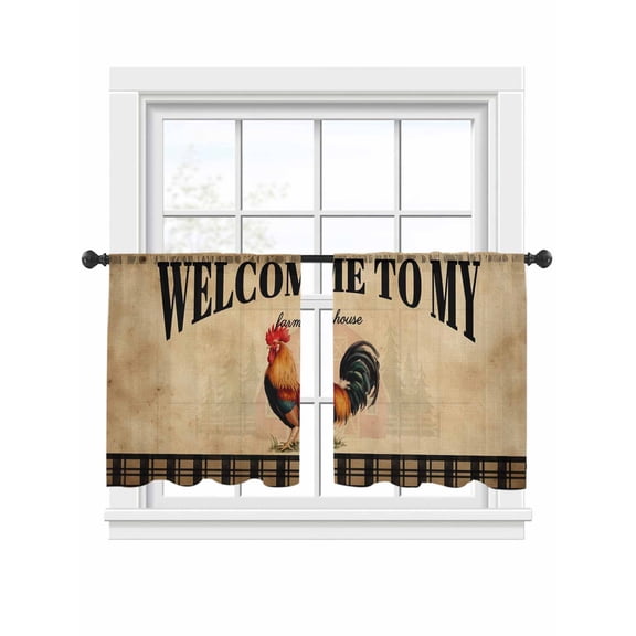 WELCOME TO MY FARMHOUSE Sheer Curtains 2 Panels Set Country Rooster Brown Stripe Red Barn Retro Sheer Window Curtains Light Filtering Rod Pocket Voile Drapes for Bedroom Living Room 52"x54"