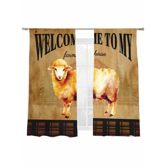 WELCOME TO MY FARMHOUSE Sheer Curtains 2 Panels Set Country Sheep Brown Stripe Red Barn Retro Sheer Window Curtains Light Filtering Rod Pocket Voile Drapes for Bedroom Living Room 52"x63"